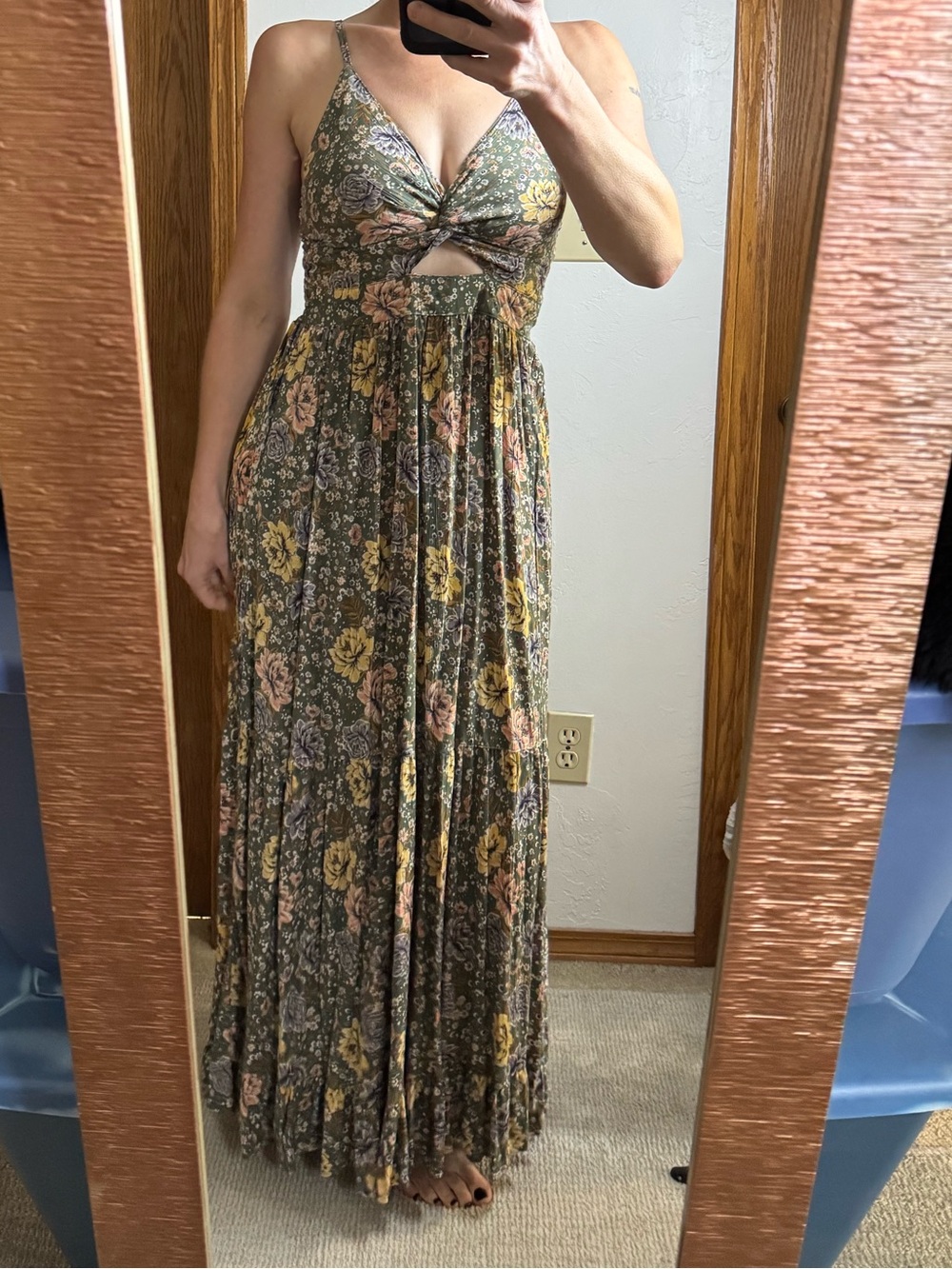 Angie green rayon floral smocked back maxi dress S